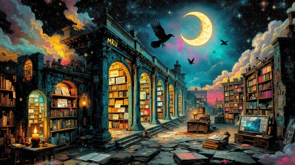 A surreal digital painting of a magical open-air library beneath a starry sky, with glowing arches, towering bookshelves, and a crescent moon in the background. A crow flies overhead, and the letters "MKU" glow above one arch.